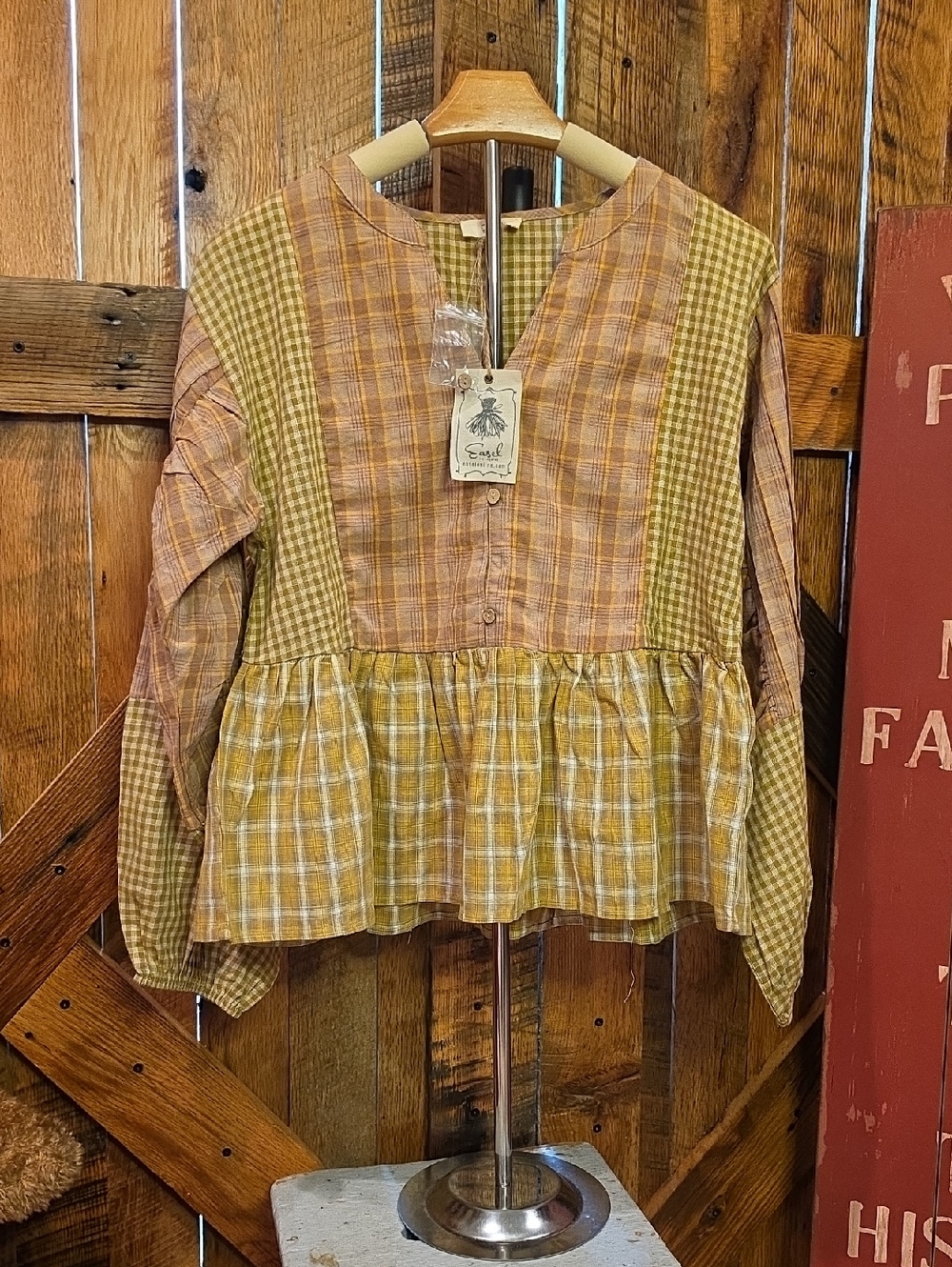 050p easel Plaid Patchwork Peplum Top in Mustard and Rust